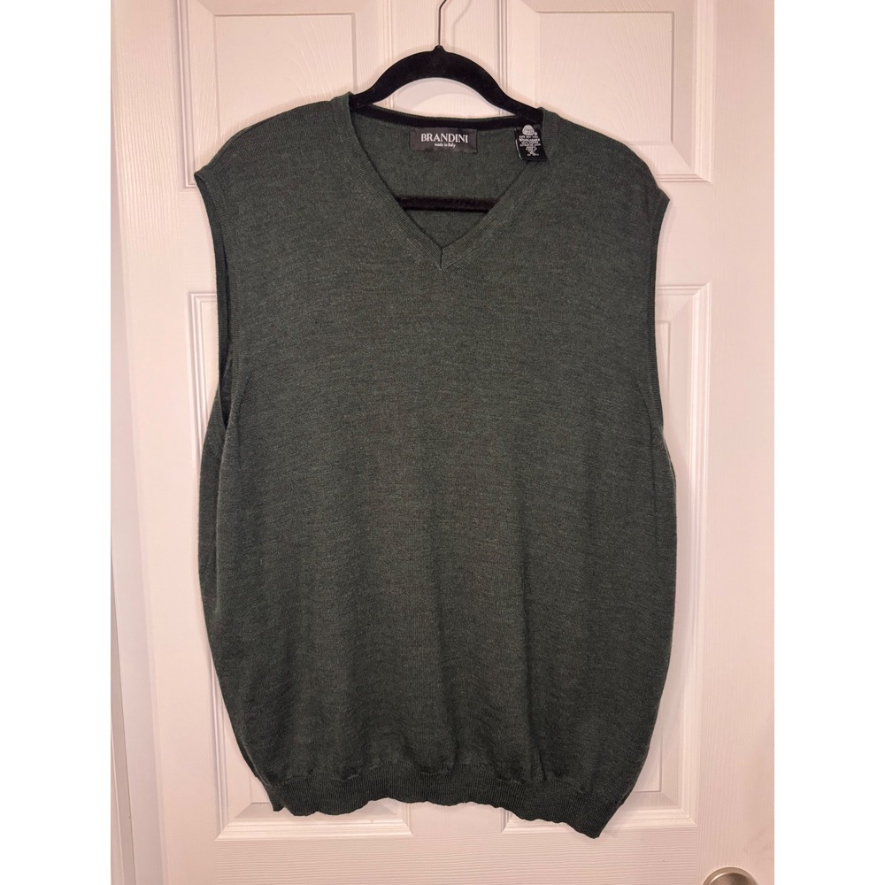 Brandini Italy Mens XL Green 100% Extrafine Merino Wool V-Neck Sweater Vest